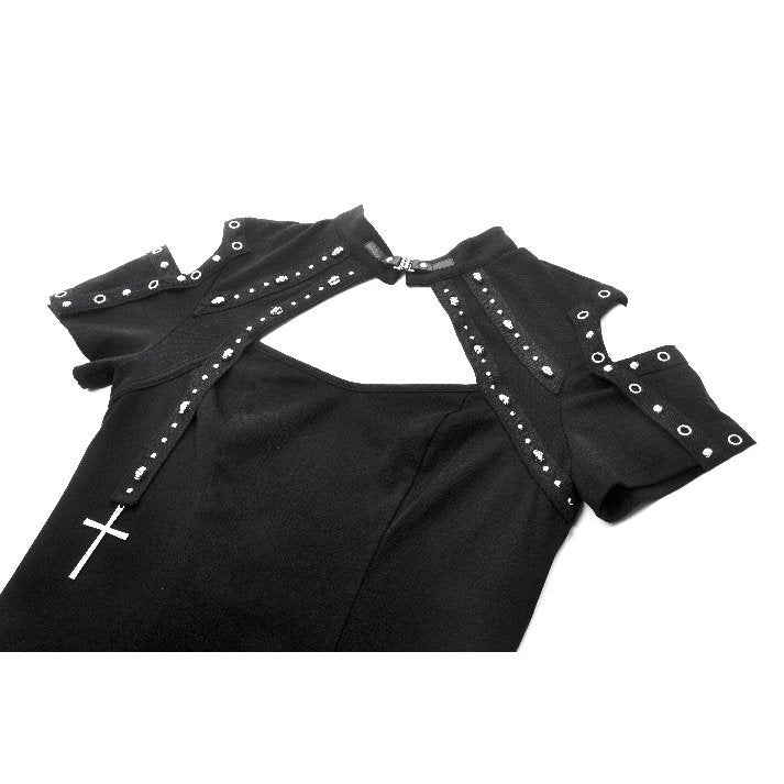 Dark in Love Seraphine Black Lace Off-Shoulder Goth Top with Cross