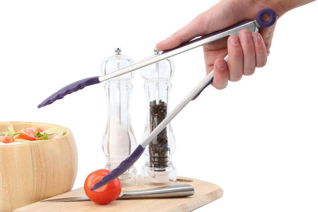 Orsina Zing Stainless Steel Kitchen Tongs with Purple Silicone Grips