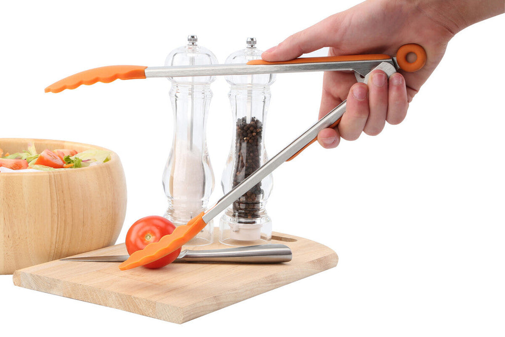 Orsina Stainless Steel Kitchen Tongs with Nonstick Orange Silicone Tips