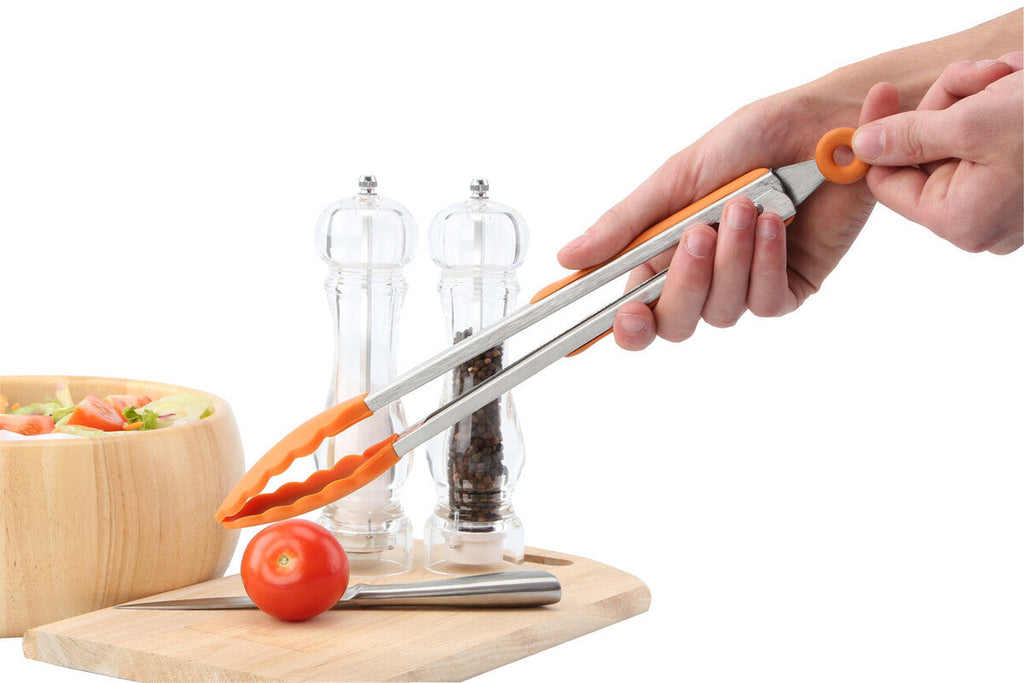 Orsina Stainless Steel Kitchen Tongs with Nonstick Orange Silicone Tips