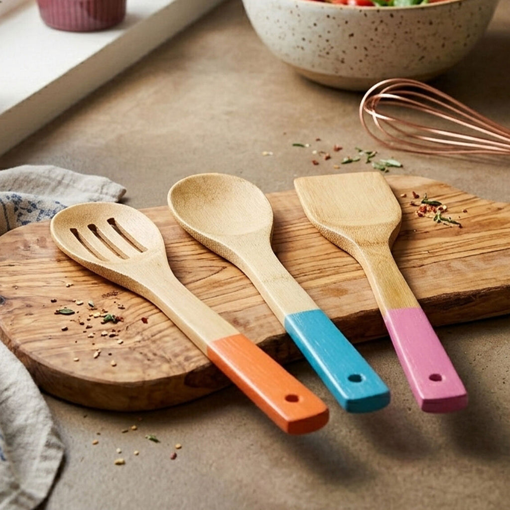 Orsina Aleki 3pc Bamboo Kitchen Utensil Set with Coloured Handles
