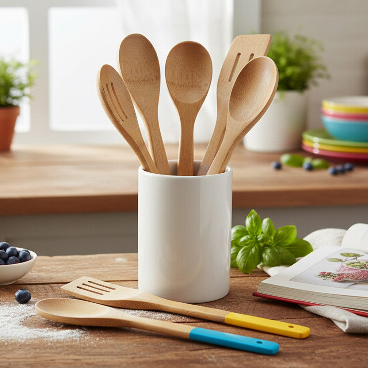 Orsina Aleki 5-Piece Bamboo Kitchen Utensil Set | Multi-Color Handles