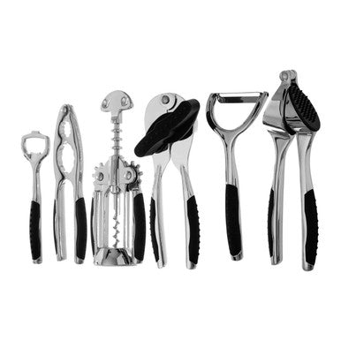 Orsina 7-Piece Chrome Kitchen Gadget Set with Natural Wood Accents