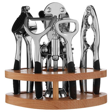 Orsina 7-Piece Chrome Kitchen Gadget Set with Natural Wood Accents