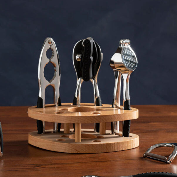 Orsina 7-Piece Chrome Kitchen Gadget Set with Natural Wood Accents