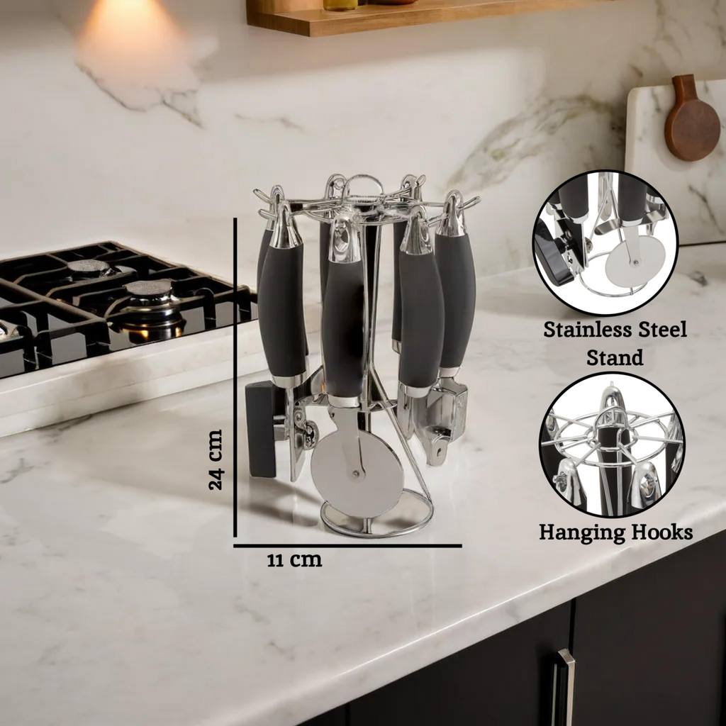 Orsina 5-Piece Kitchen Gadget Set with Rotating Stand – Black & Silver