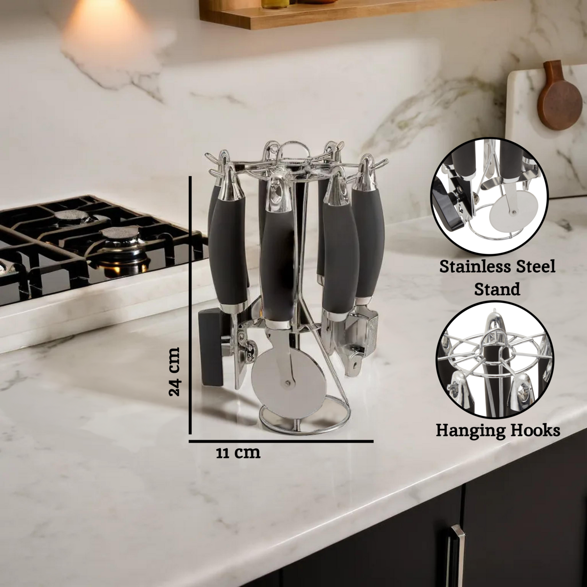 Orsina 5-Piece Kitchen Gadget Set with Rotating Stand – Black & Silver