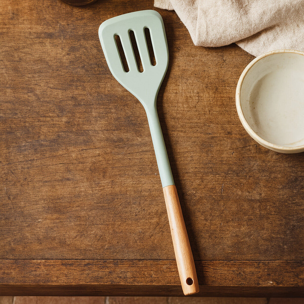 Orsina Nova Sage Green Silicone Slotted Turner with Wood Handle