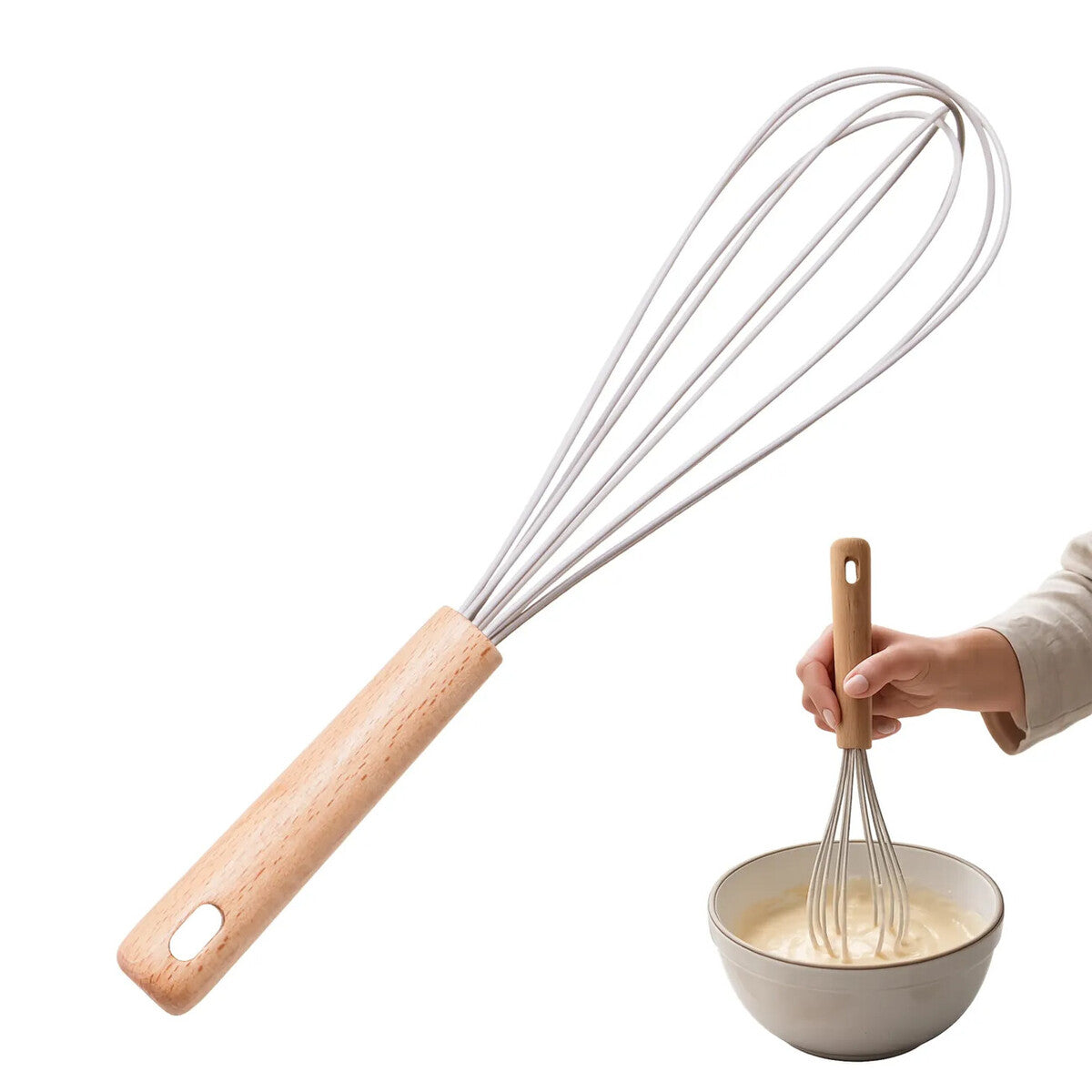 Orsina Silicone Whisk – Stone Grey Non-Stick Head with Wood Handle
