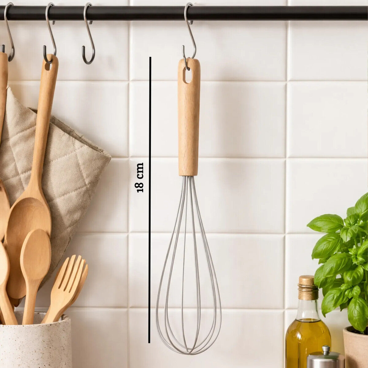 Orsina Silicone Whisk – Stone Grey Non-Stick Head with Wood Handle