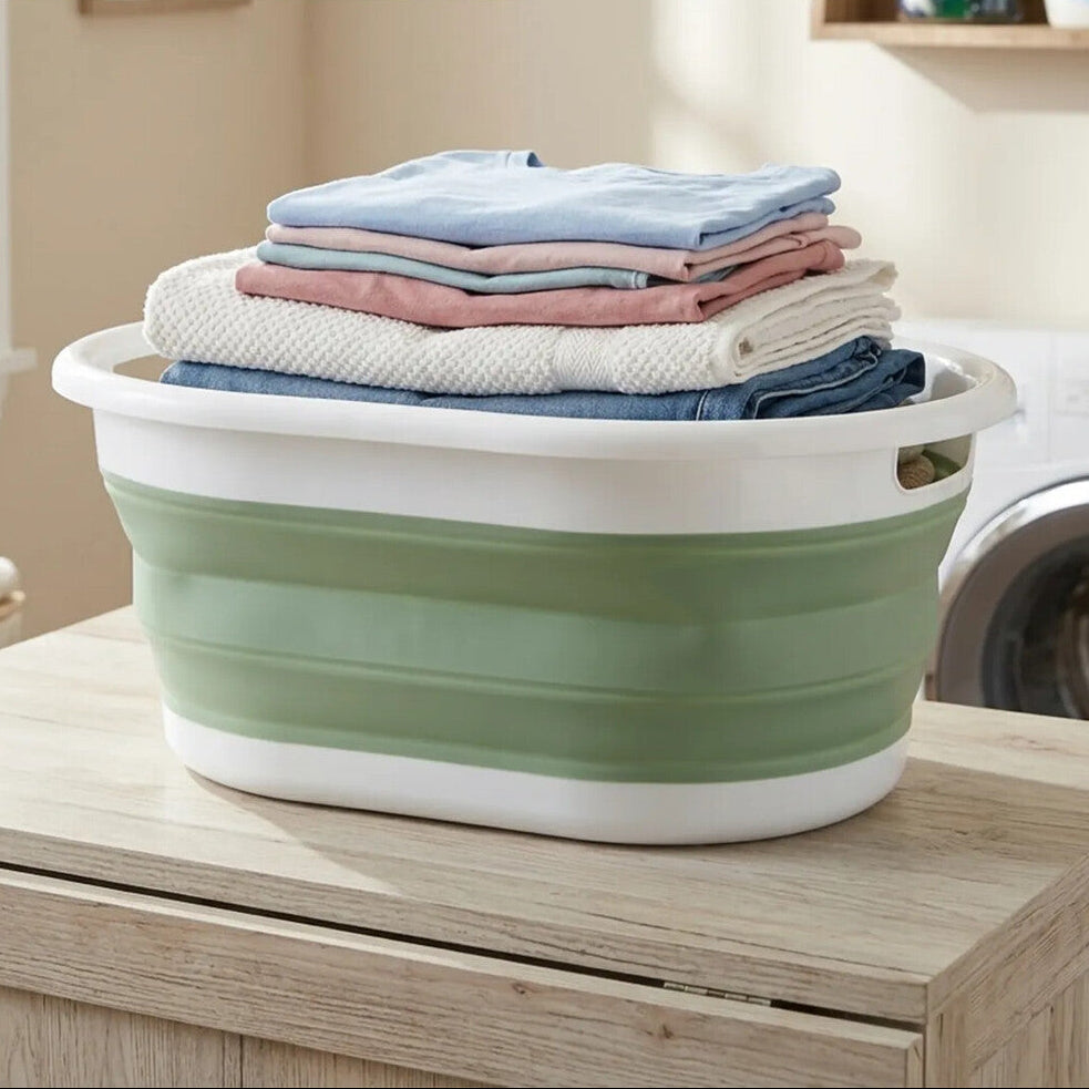 Orsina Collapsible Laundry Basket – Oval Space Saving Hamper, Green