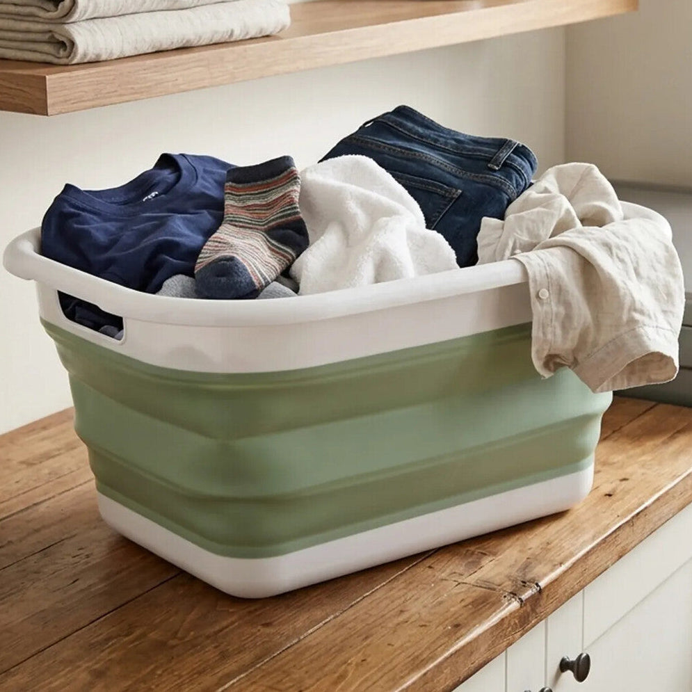 Orsina Collapsible Laundry Basket – Green & White Foldable Hamper