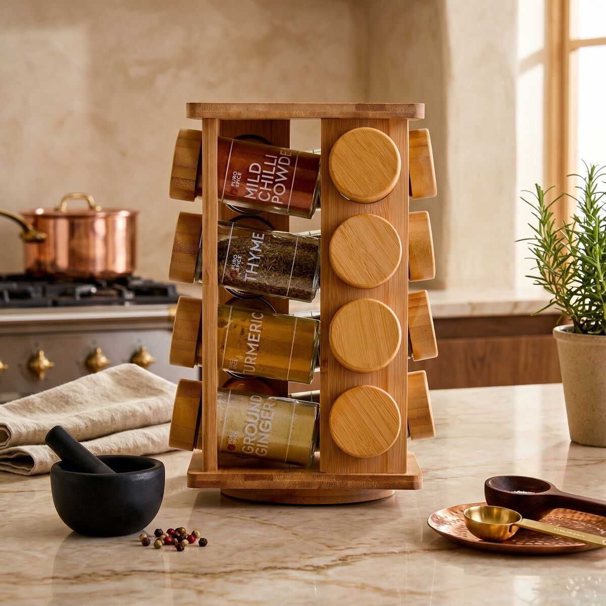 Orsina Puro Bamboo Revolving Spice Rack – 16 Jar Kitchen Organiser