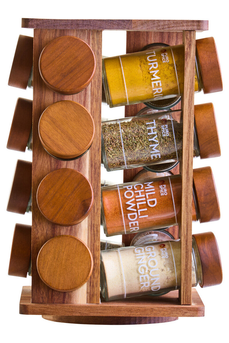 Orsina Puro Acacia Wood Revolving Spice Rack with 16 Glass Jars