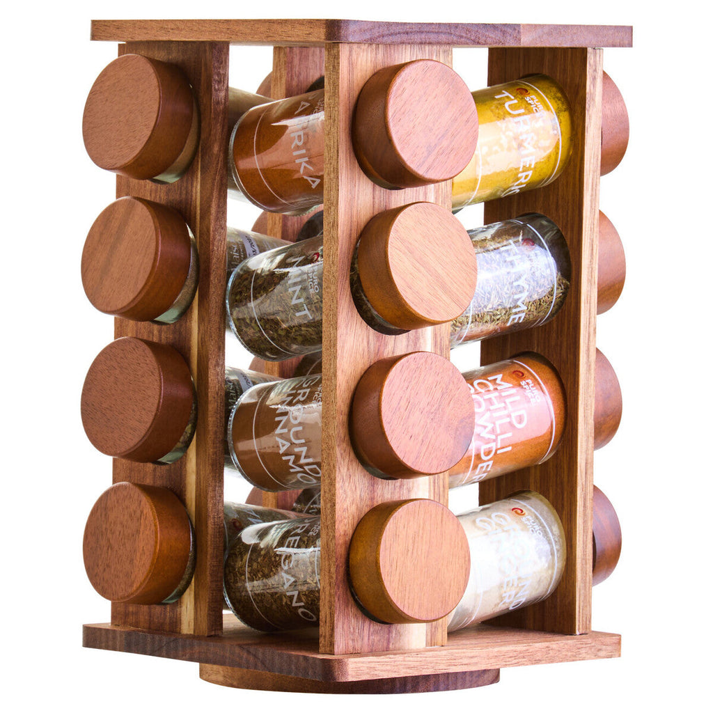 Orsina Puro Acacia Wood Revolving Spice Rack with 16 Glass Jars