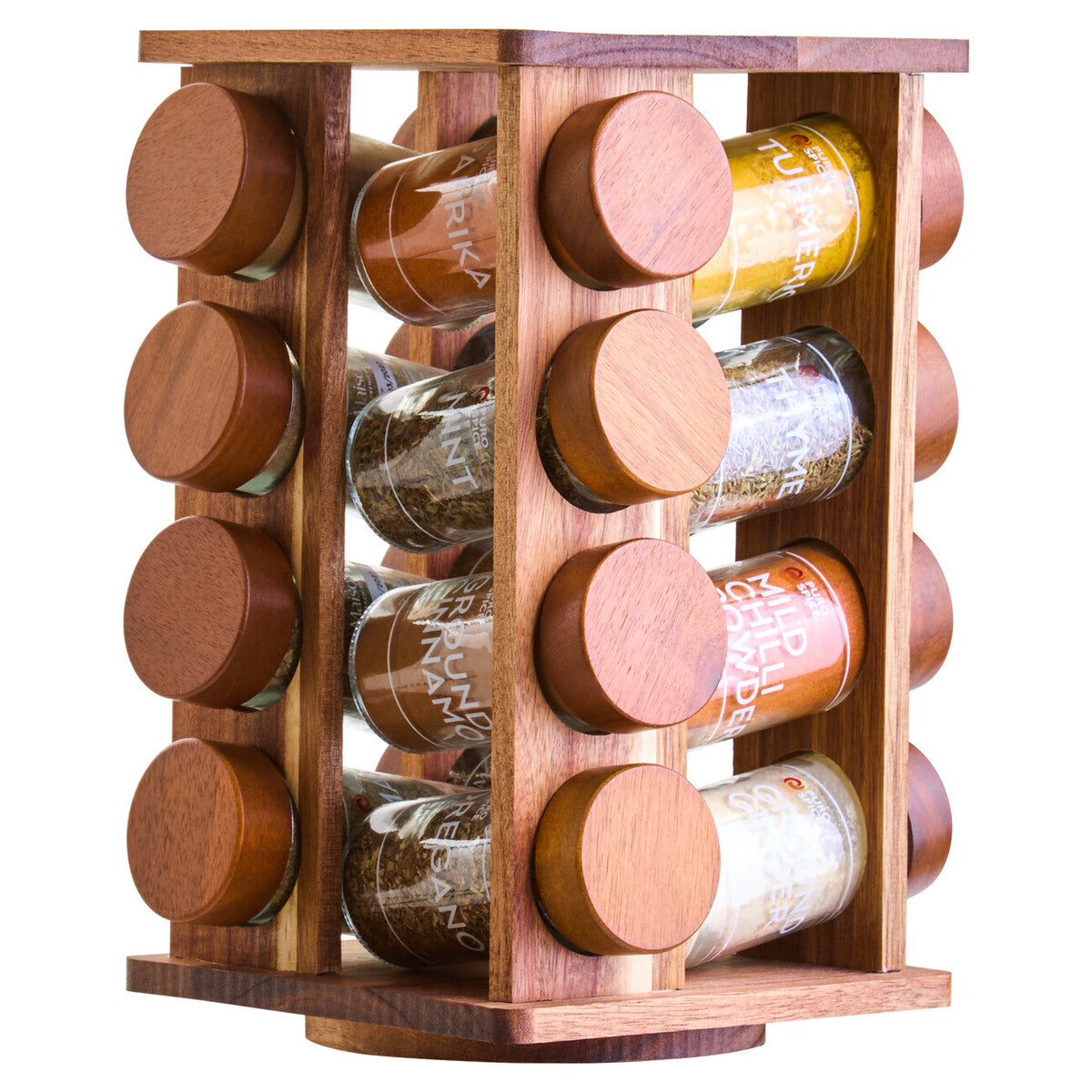 Orsina Puro Acacia Wood Revolving Spice Rack with 16 Glass Jars