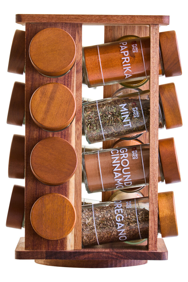 Orsina Puro Acacia Wood Revolving Spice Rack with 16 Glass Jars