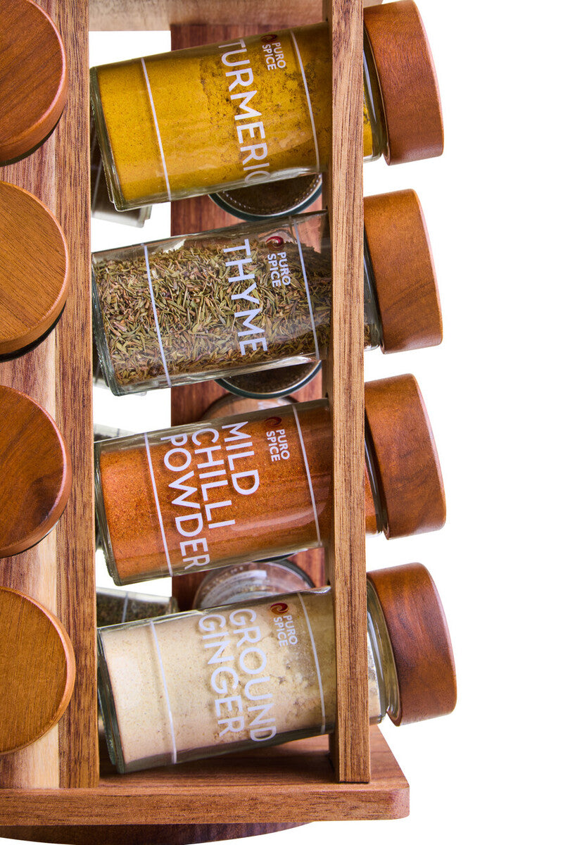 Orsina Puro Acacia Wood Revolving Spice Rack with 16 Glass Jars