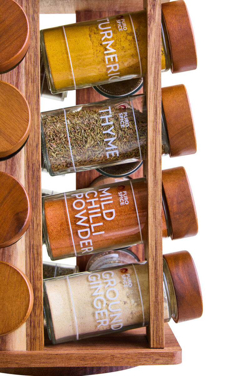 Orsina Puro Acacia Wood Revolving Spice Rack with 16 Glass Jars
