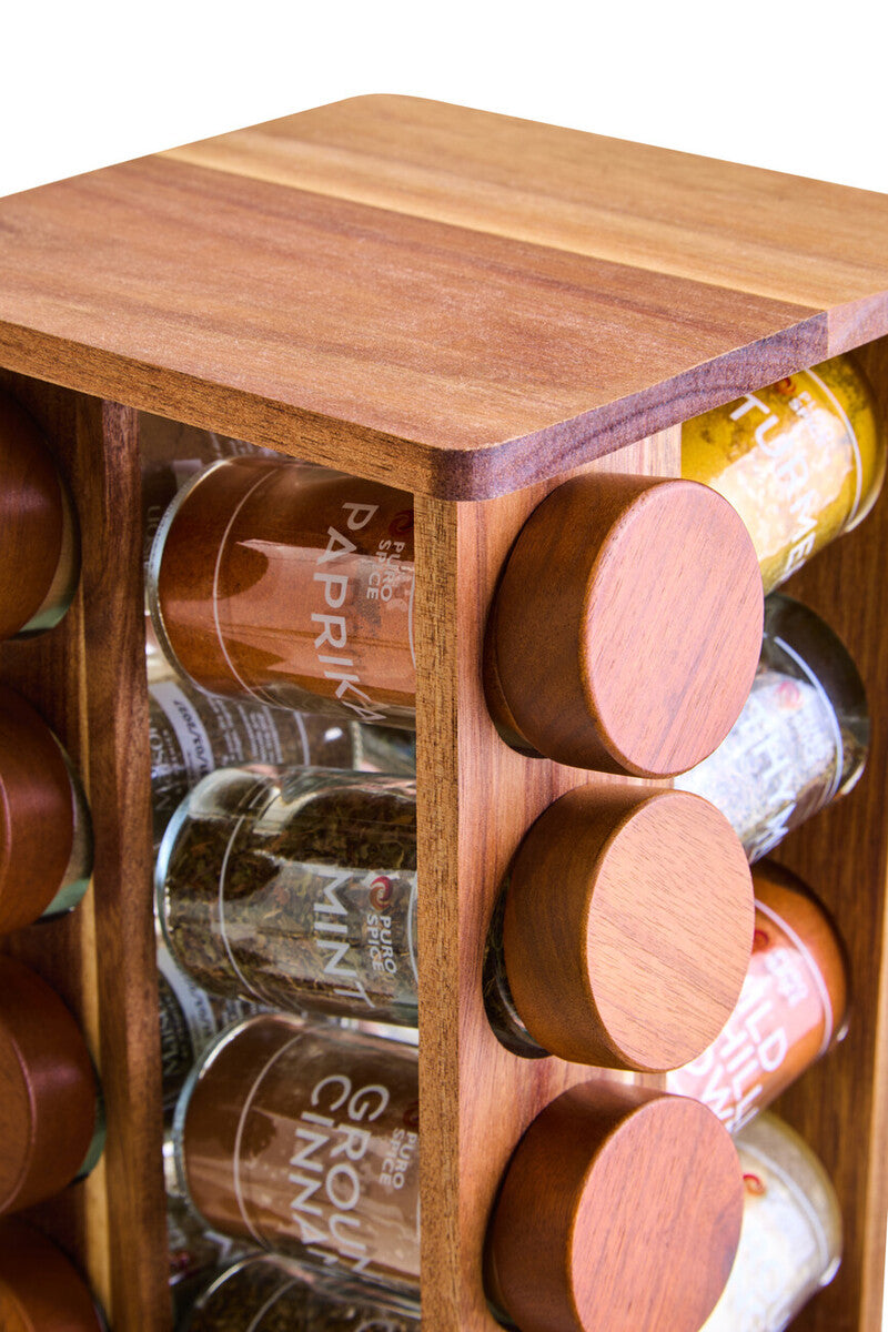 Orsina Puro Acacia Wood Revolving Spice Rack with 16 Glass Jars