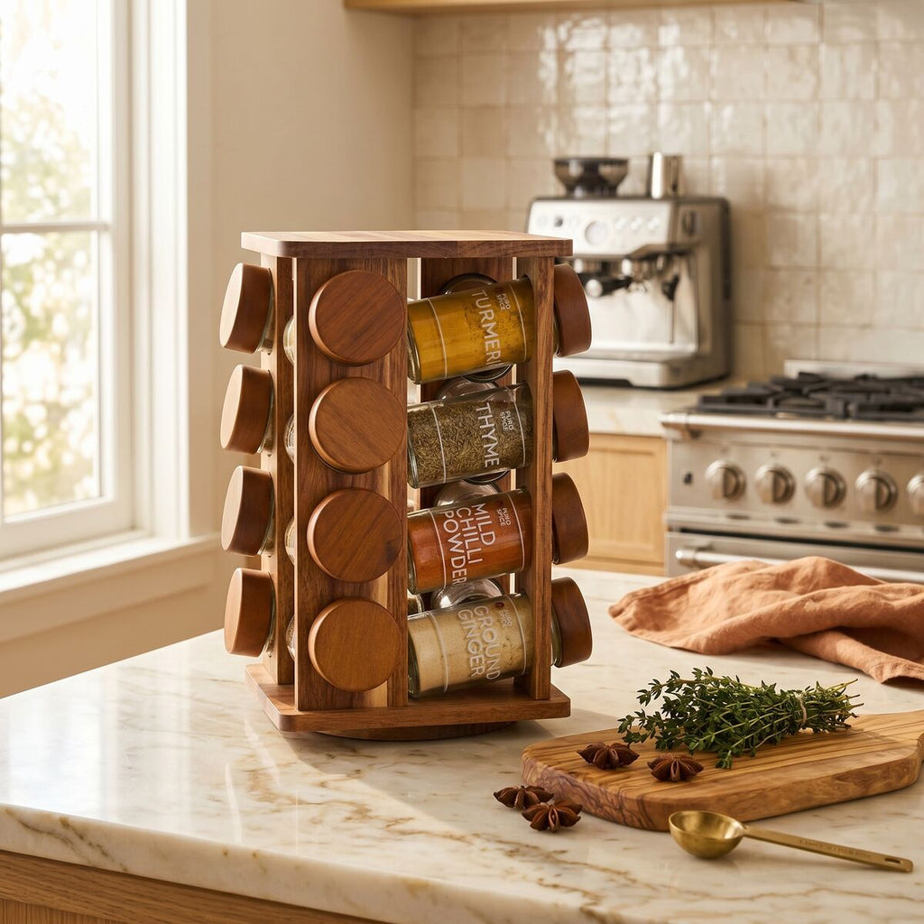 Orsina Puro Acacia Wood Revolving Spice Rack with 16 Glass Jars