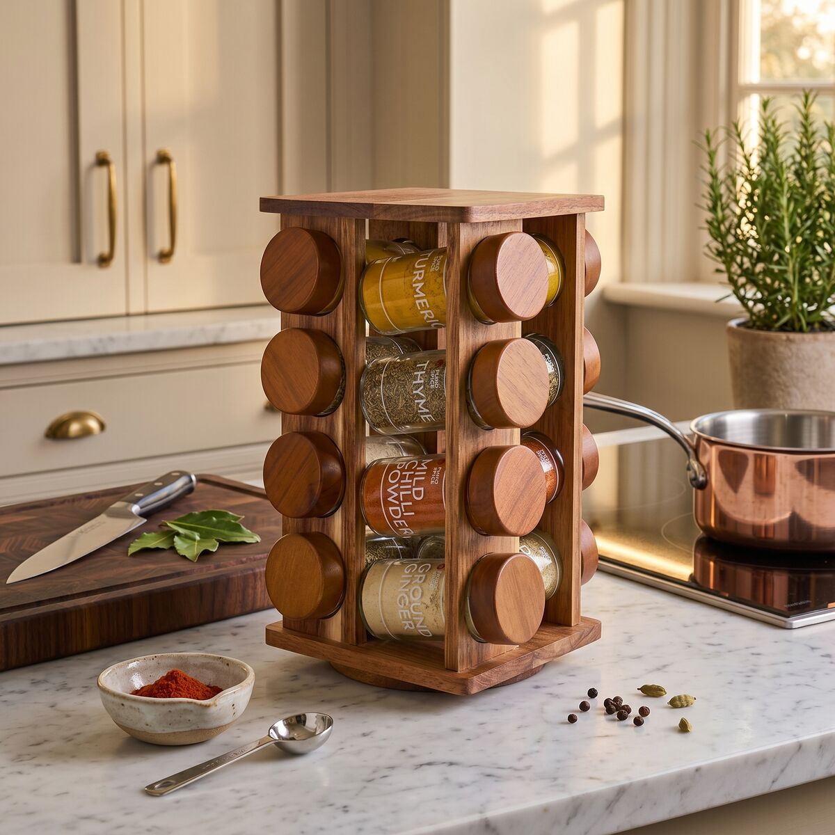 Orsina Puro Acacia Wood Revolving Spice Rack with 16 Glass Jars