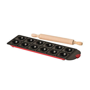 Orsina Non-Stick Ravioli Tray with Wooden Rolling Pin – 12 Mould Maker