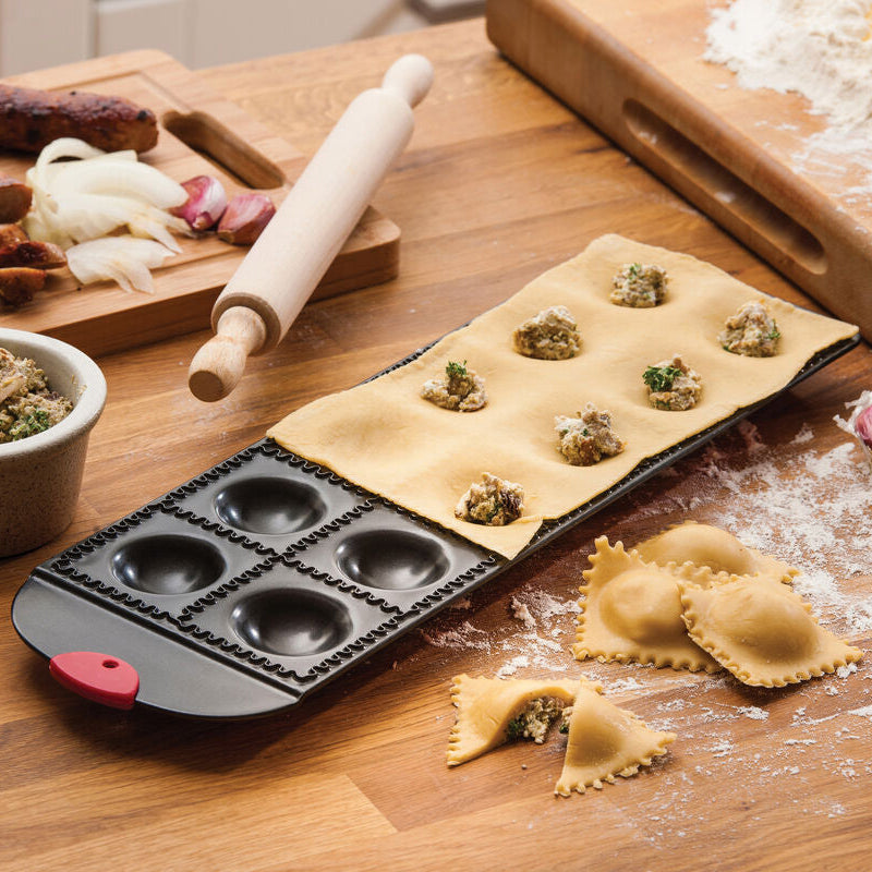 Orsina Non-Stick Ravioli Tray with Wooden Rolling Pin – 12 Mould Maker