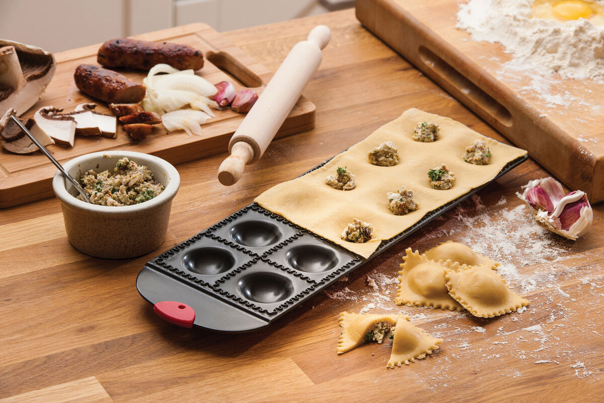 Orsina Non-Stick Ravioli Tray with Wooden Rolling Pin – 12 Mould Maker