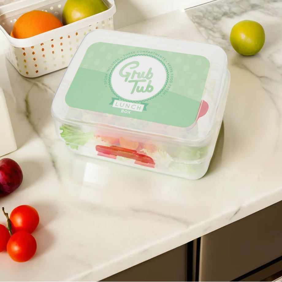 Orsina Grub Tub 3-Compartment Lunch Box with Spork | Clear Plastic