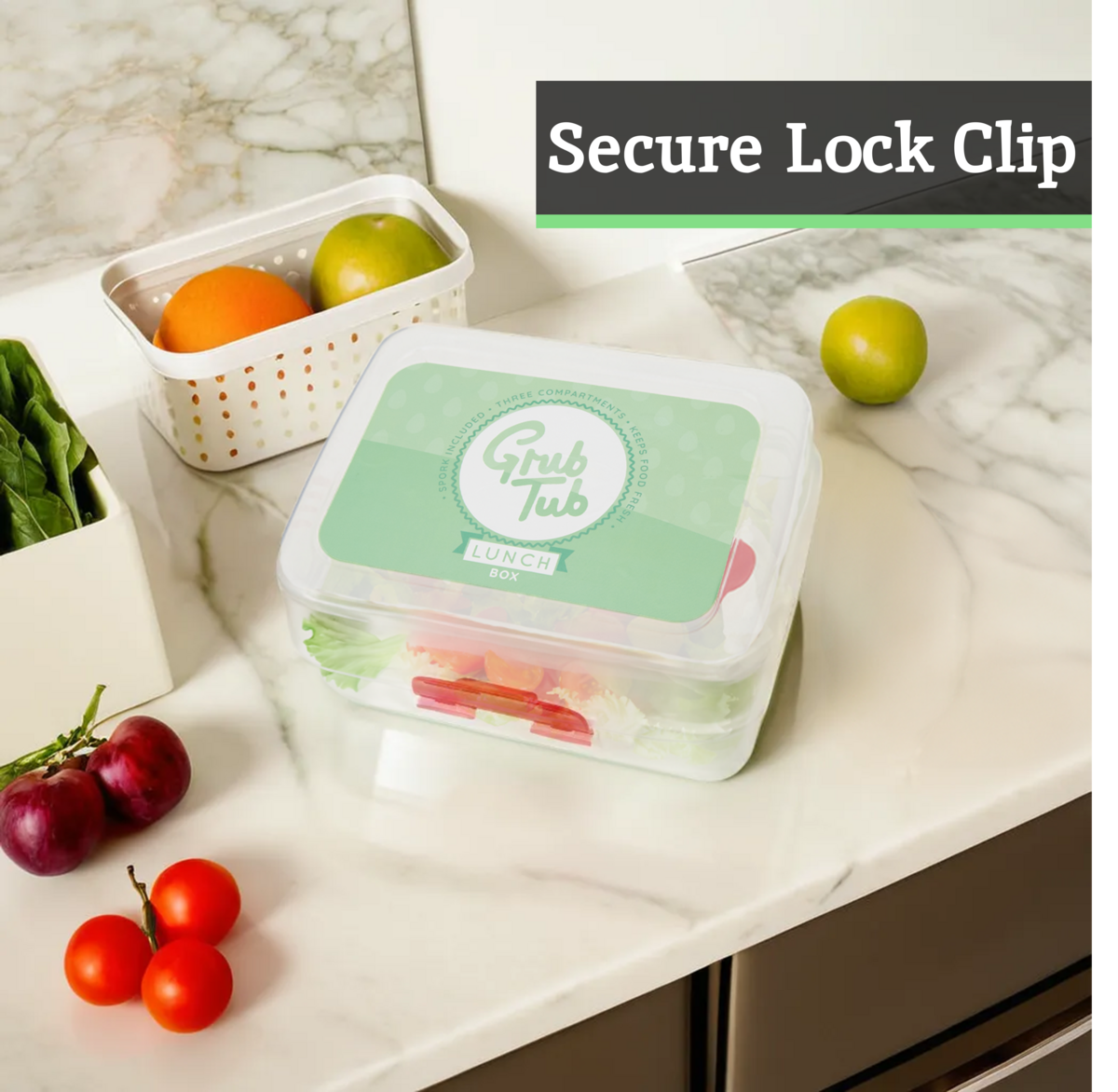 Orsina Grub Tub 3-Compartment Lunch Box with Spork | Clear Plastic