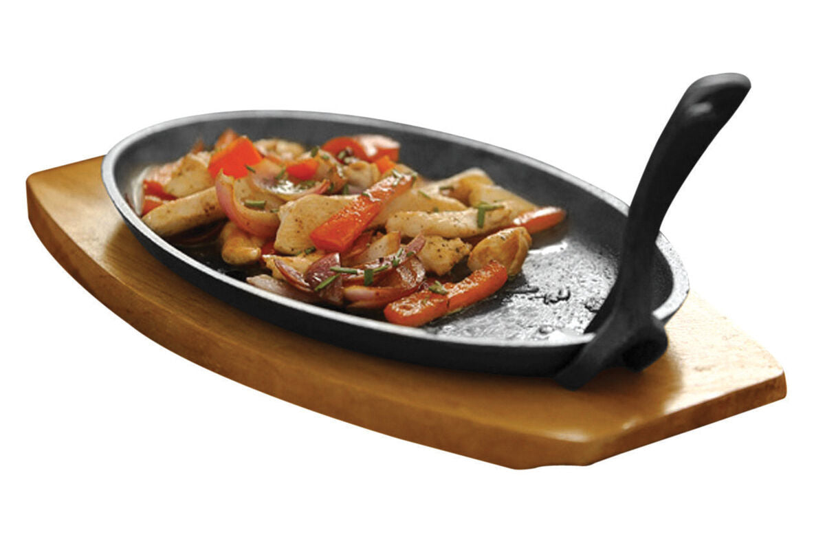 Orsina Cast Iron Small Sizzler Dish with Wooden Tray and Handle