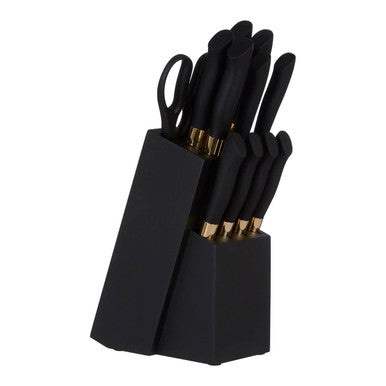 Orsina Corsico 11-Piece Stainless Steel Knife Set with Block, Black/Gold
