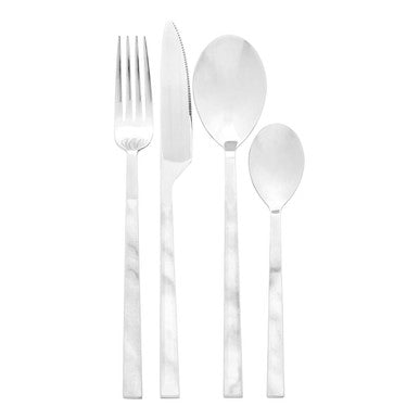 Orsina Avie 16-Piece White Faux Marble Cutlery Set | Silver Flatware