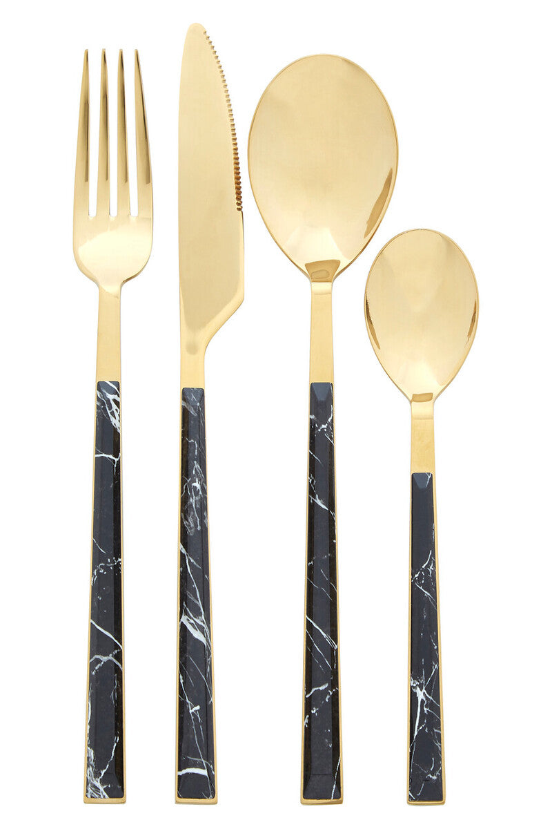 Orsina Avie 16-Piece Black Faux Marble and Gold Cutlery Set