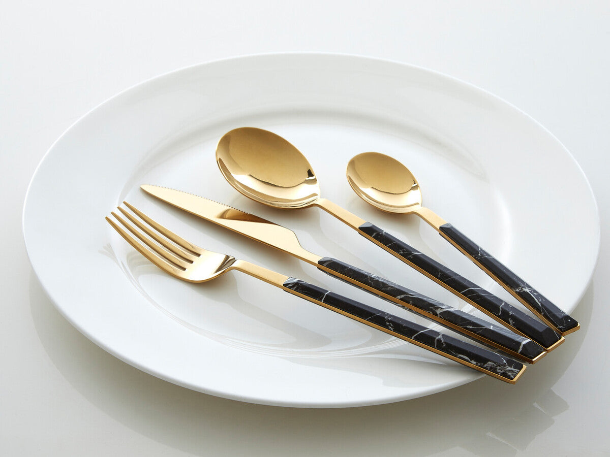 Orsina Avie 16-Piece Black Faux Marble and Gold Cutlery Set