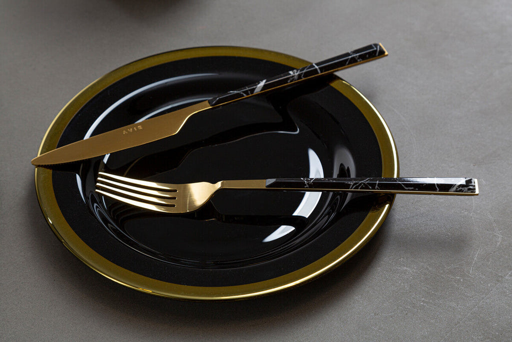 Orsina Avie 16-Piece Black Faux Marble and Gold Cutlery Set
