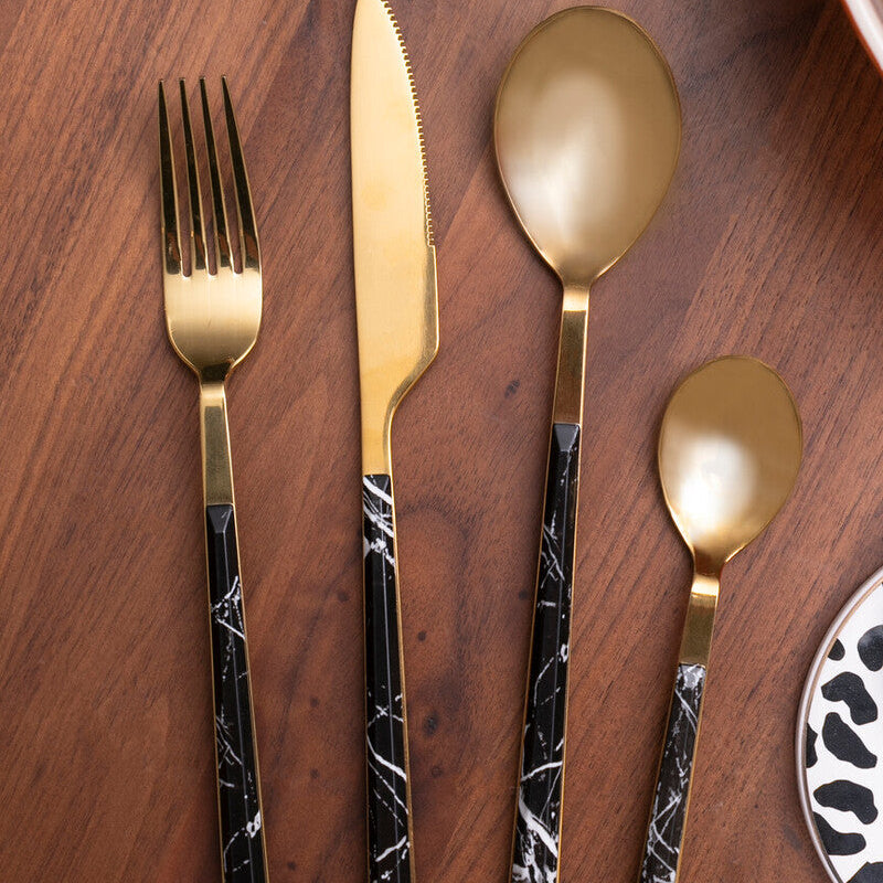 Orsina Avie 16-Piece Black Faux Marble and Gold Cutlery Set