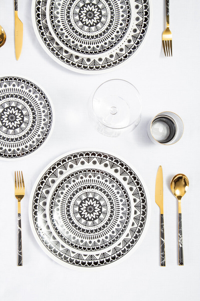 Orsina Avie 16-Piece Black Faux Marble and Gold Cutlery Set