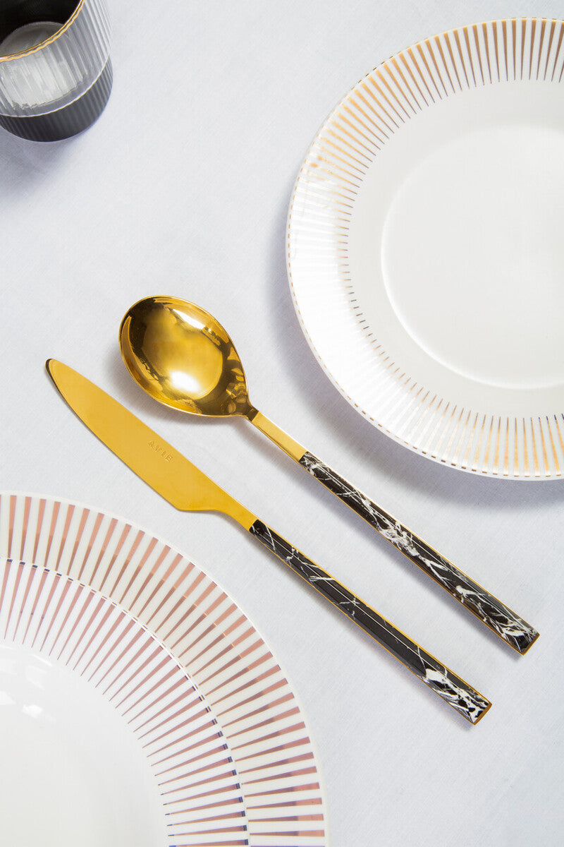 Orsina Avie 16-Piece Black Faux Marble and Gold Cutlery Set