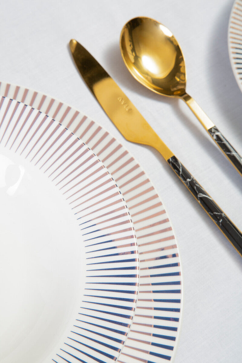 Orsina Avie 16-Piece Black Faux Marble and Gold Cutlery Set