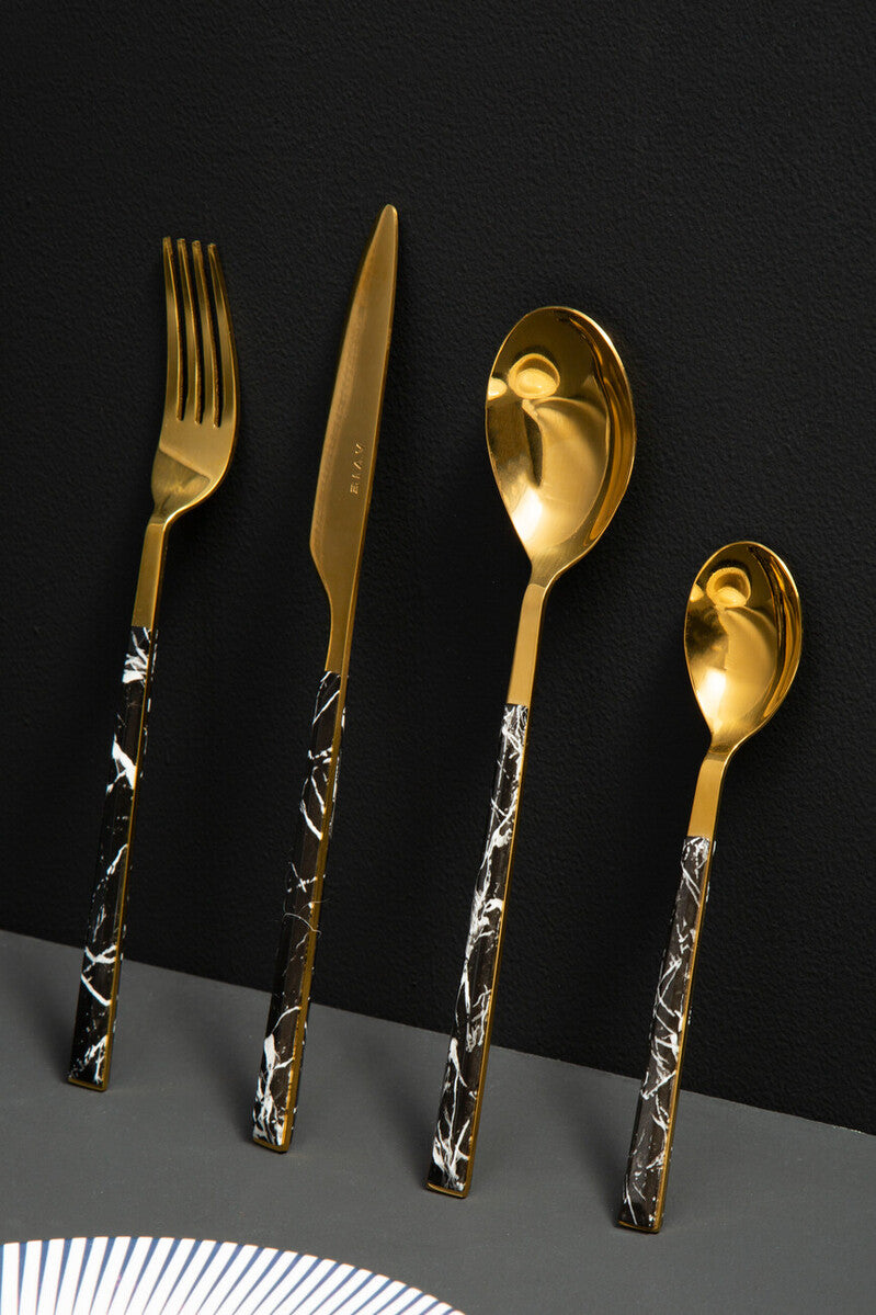 Orsina Avie 16-Piece Black Faux Marble and Gold Cutlery Set