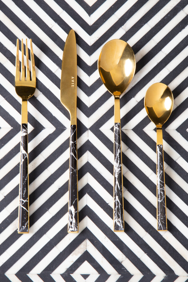 Orsina Avie 16-Piece Black Faux Marble and Gold Cutlery Set