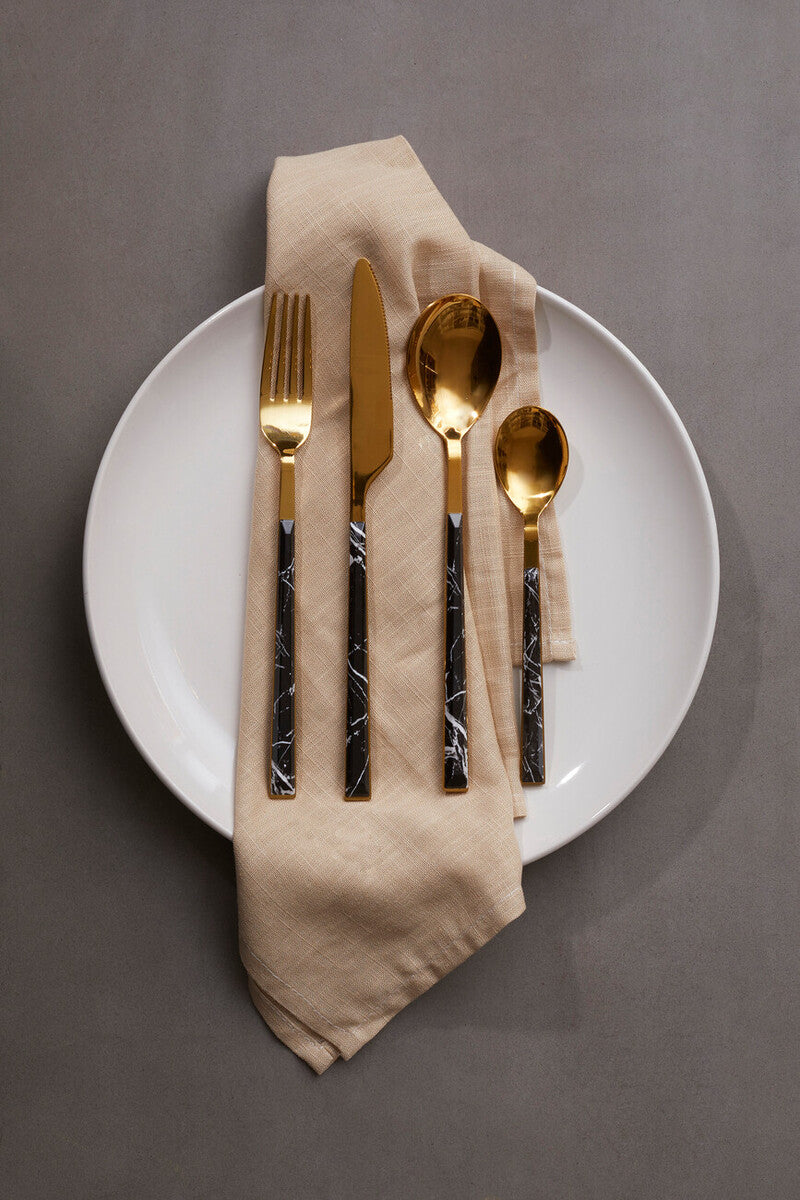 Orsina Avie 16-Piece Black Faux Marble and Gold Cutlery Set