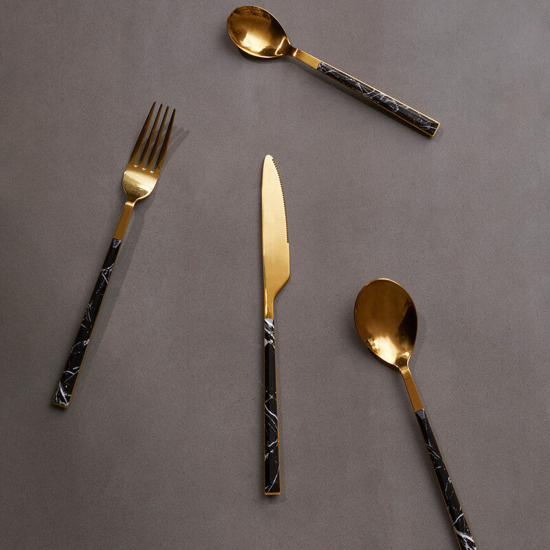 Orsina Avie 16-Piece Black Faux Marble and Gold Cutlery Set