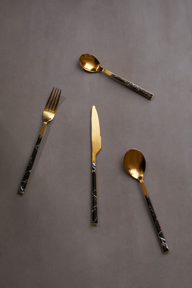 Orsina Avie 16-Piece Black Faux Marble and Gold Cutlery Set