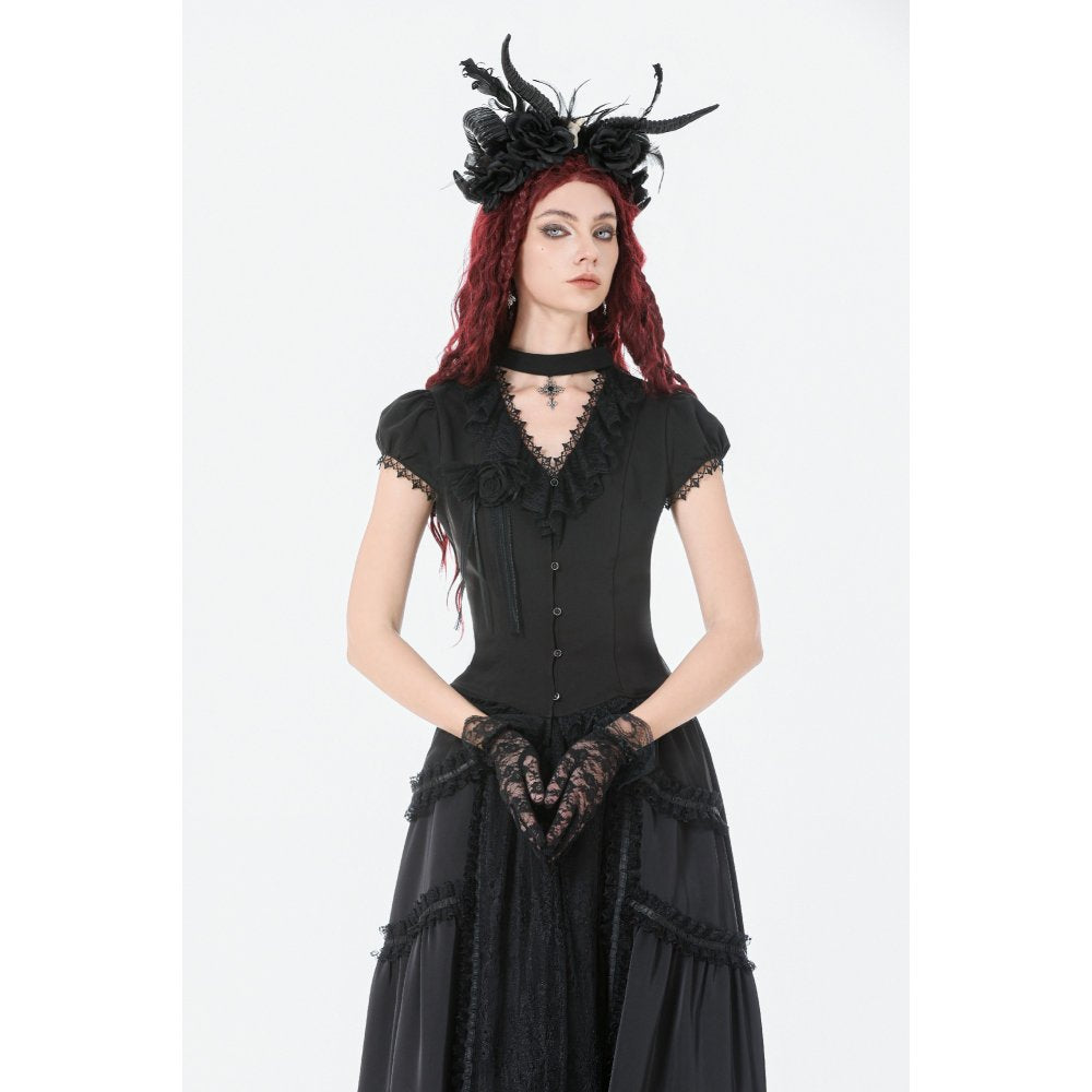Dark in Love Courtly Cross Gem Gothic Blouse | Black Lace Puff Sleeve
