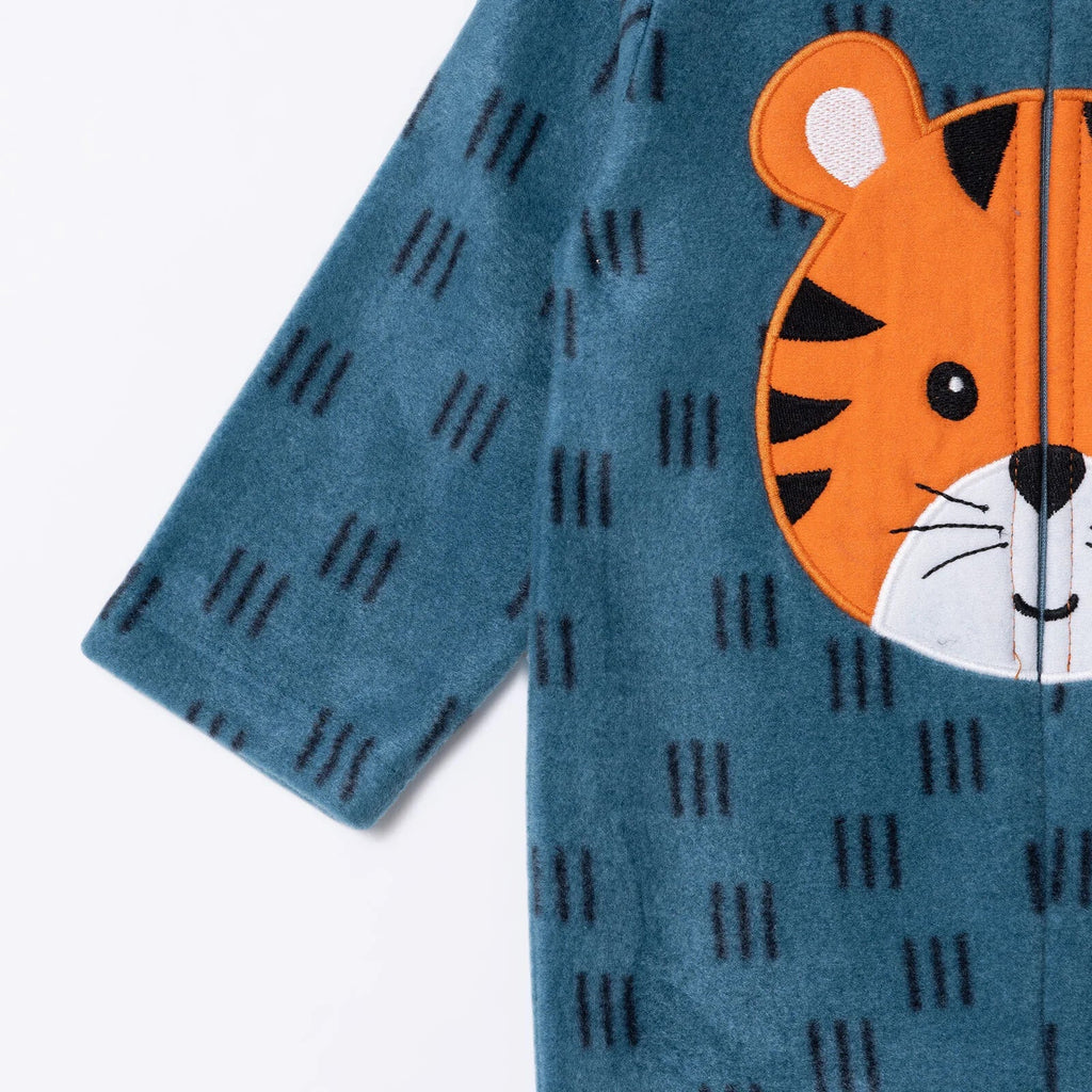 Baby Boy Fleece Footed Sleepsuit Animal Print Zip Fastening Hooded - Petrol Printed