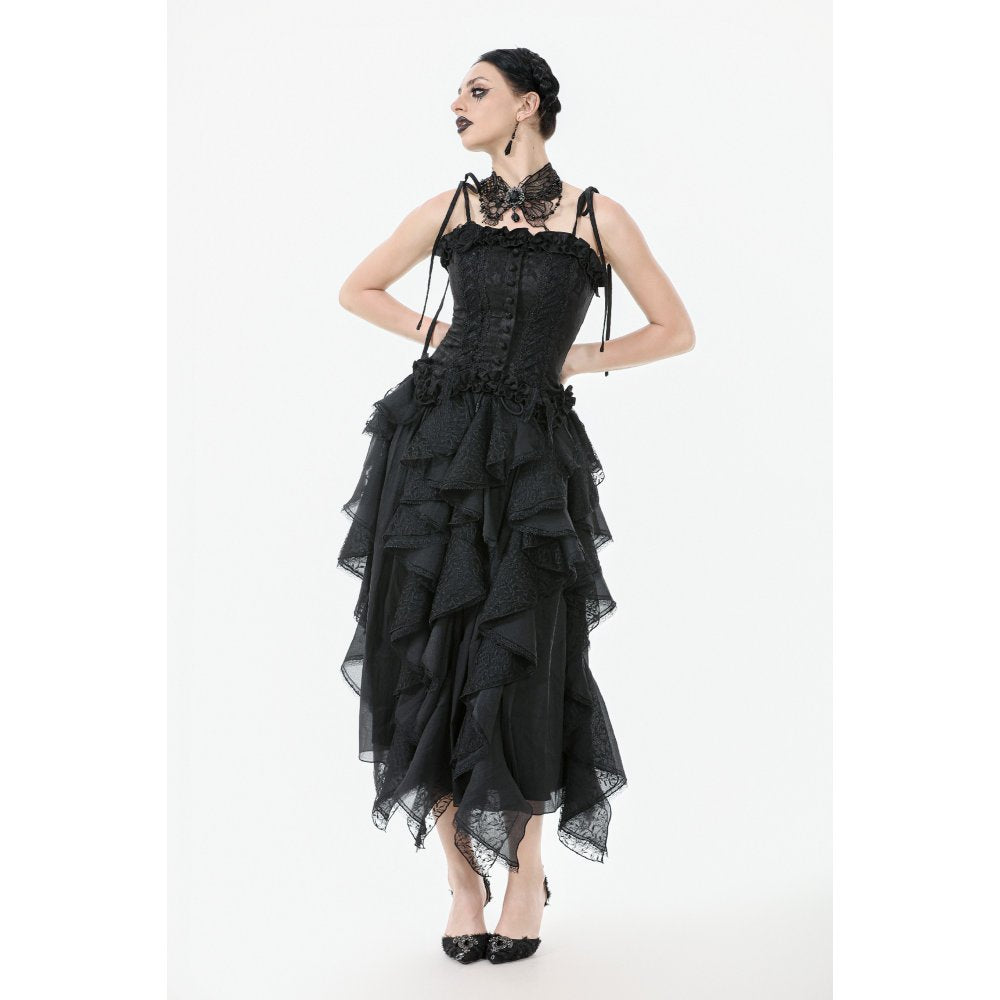 Dark in Love Morrigan Ruffled Goth Midi Skirt - Black Lace Asymmetric