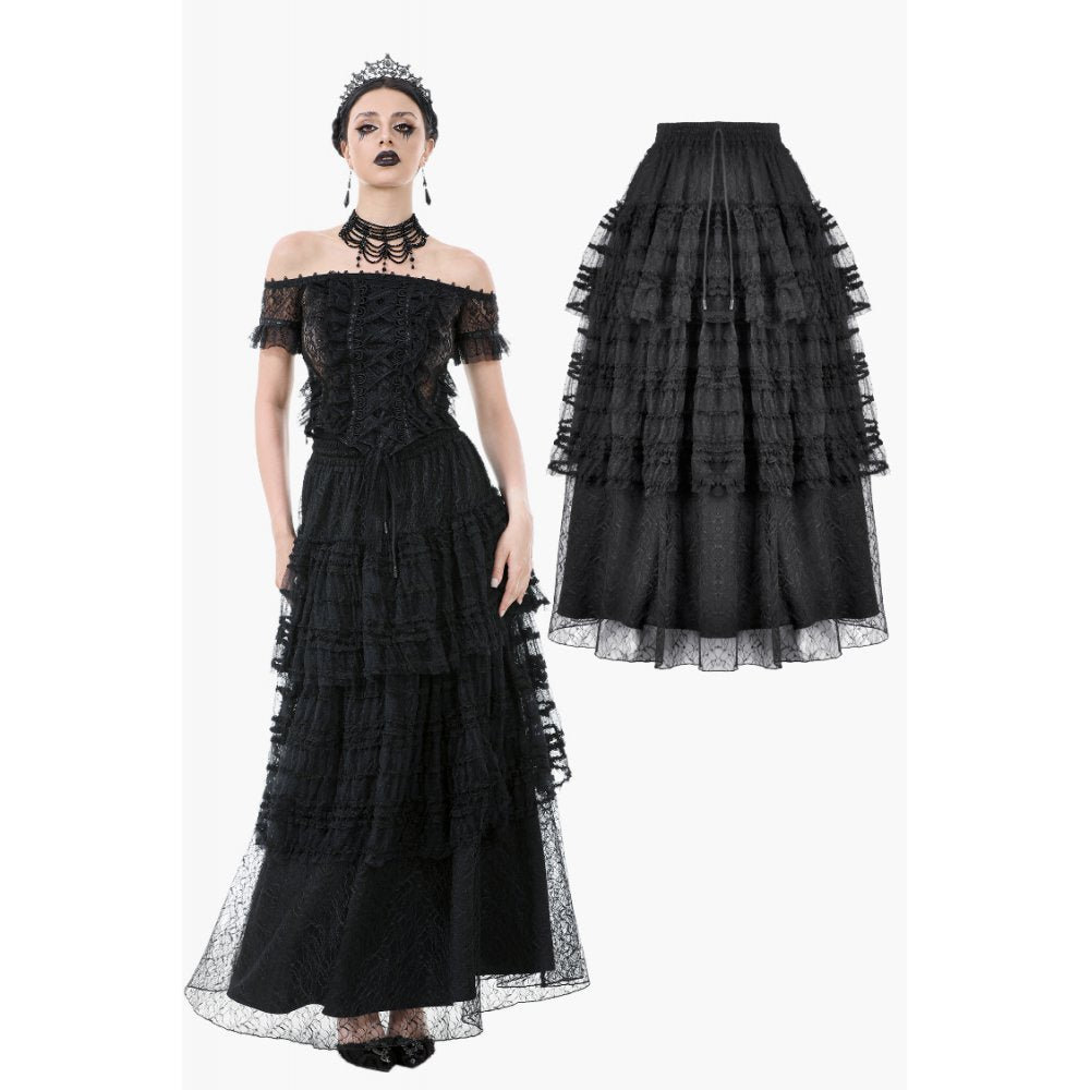 Dark in Love Morticia Gothic Velvet & Lace Tiered Skirt in Black